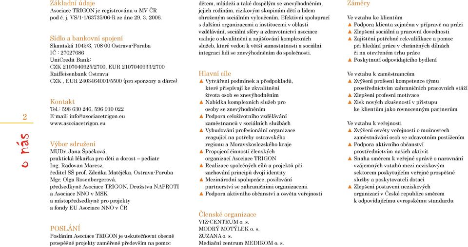 dárce) Kontakt Tel.: 596 630 246, 596 910 022 E-mail: info@asociacetrigon.eu www.asociacetrigon.eu Výbor sdružení MUDr. Jana Špačková, praktická lékařka pro děti a dorost pediatr Ing.