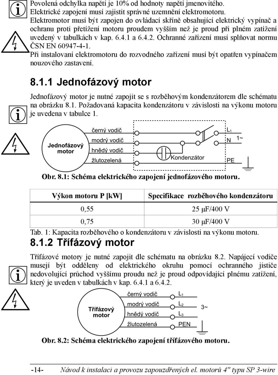 Ochranné zařízení musí splňovat normu ČSN EN 60947-4-1. Při instalovaní elektromotoru do rozvodného zařízení musí být opatřen vypínačem nouzového zastavení. 8.1.1 Jednofázový motor Jednofázový motor je nutné zapojit se s rozběhovým kondenzátorem dle schématu na obrázku 8.