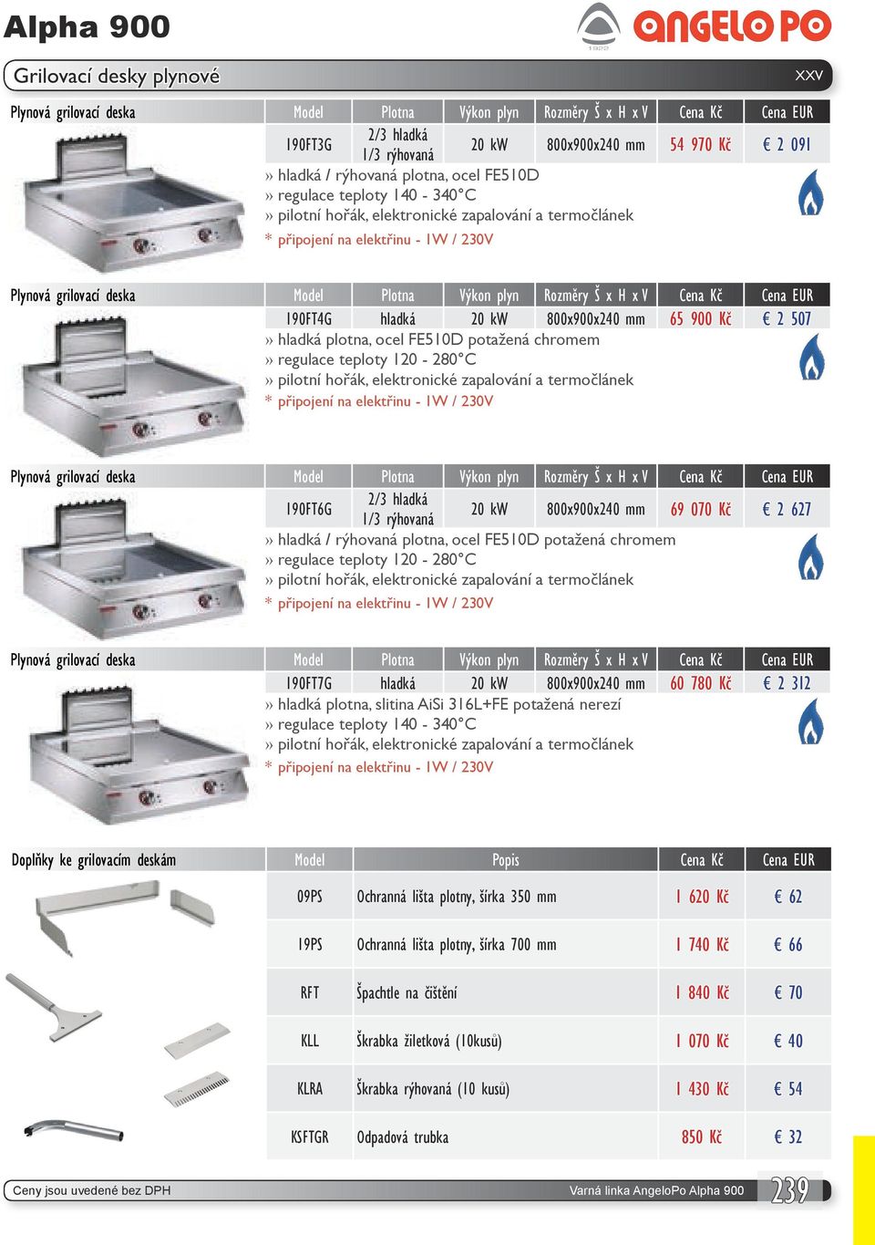 regulace teploty 120-280 C Plynová grilovací deska Model Plotna Výkon plyn Rozměry Š x H x V Cena Kč Cena EUR 190FT6G 2/3 hladká 1/3 rýhovaná 20 kw 800x900x240 mm 69 070 Kč 2 627 hladká / rýhovaná