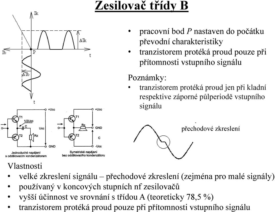 zkreslení Vlastnosti velké zkreslení signálu přechodové zkreslení (zejména pro malé signály) používaný v koncových stupních nf