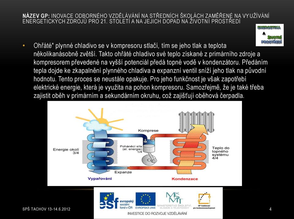 Předáním tepla dojde ke zkapalnění plynného chladiva a expanzní ventil sníží jeho tlak na původní hodnotu. Tento proces se neustále opakuje.