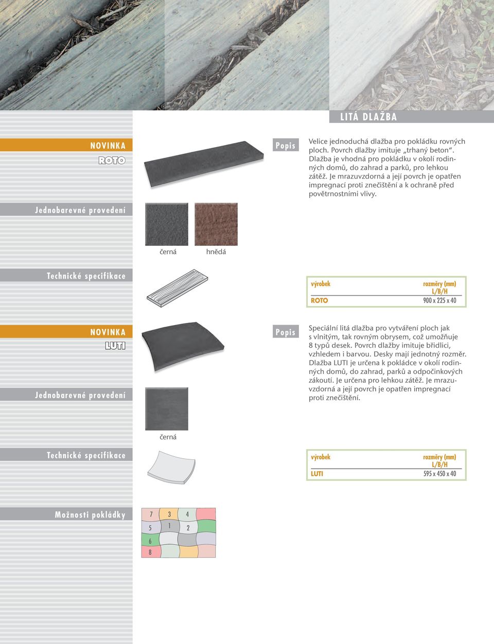 černá hnědá LUTI 7 roh LUTI 5 kraj LUTI 6 kraj 5 6 LUTI 8 roh LUTI 3 kraj LUTI 1 základní deska LUTI 4 kraj LUTI 2 základní deska LUTI ROTO 900 x 225 x 40 Speciální litá dlažba pro vytváření ploch