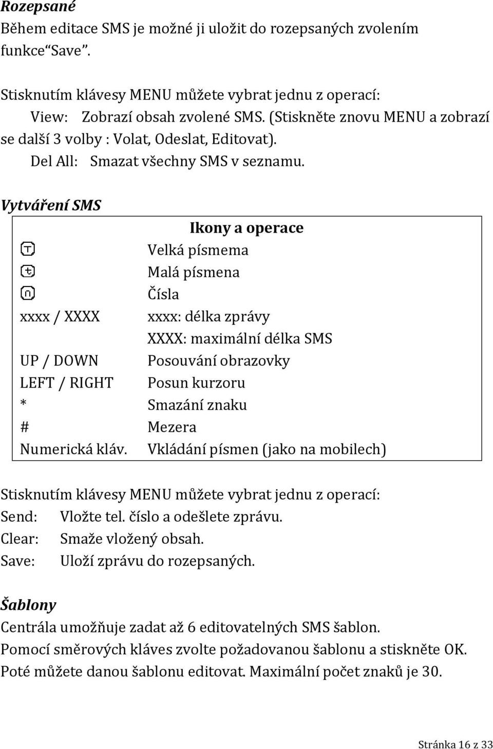 Vytváření SMS Ikony a operace Velká písmema Malá písmena Čísla xxxx / XXXX xxxx: délka zprávy XXXX: maximální délka SMS UP / DOWN Posouvání obrazovky LEFT / RIGHT Posun kurzoru * Smazání znaku #