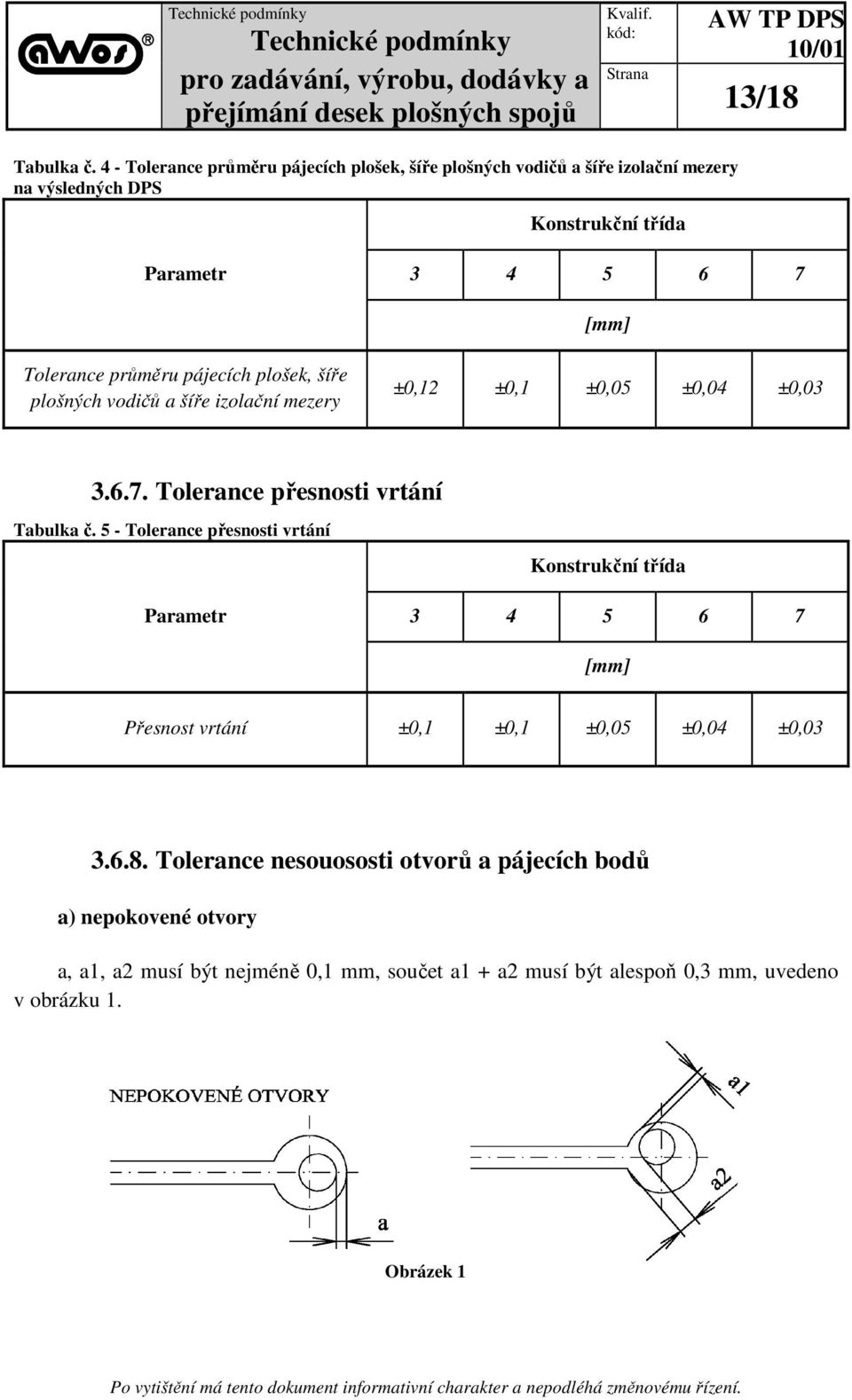 Tolerance průměru pájecích plošek, šíře plošných vodičů a šíře izolační mezery ±0,12 ±0,1 ±0,05 ±0,04 ±0,03 3.6.7. Tolerance přesnosti vrtání Tabulka č.