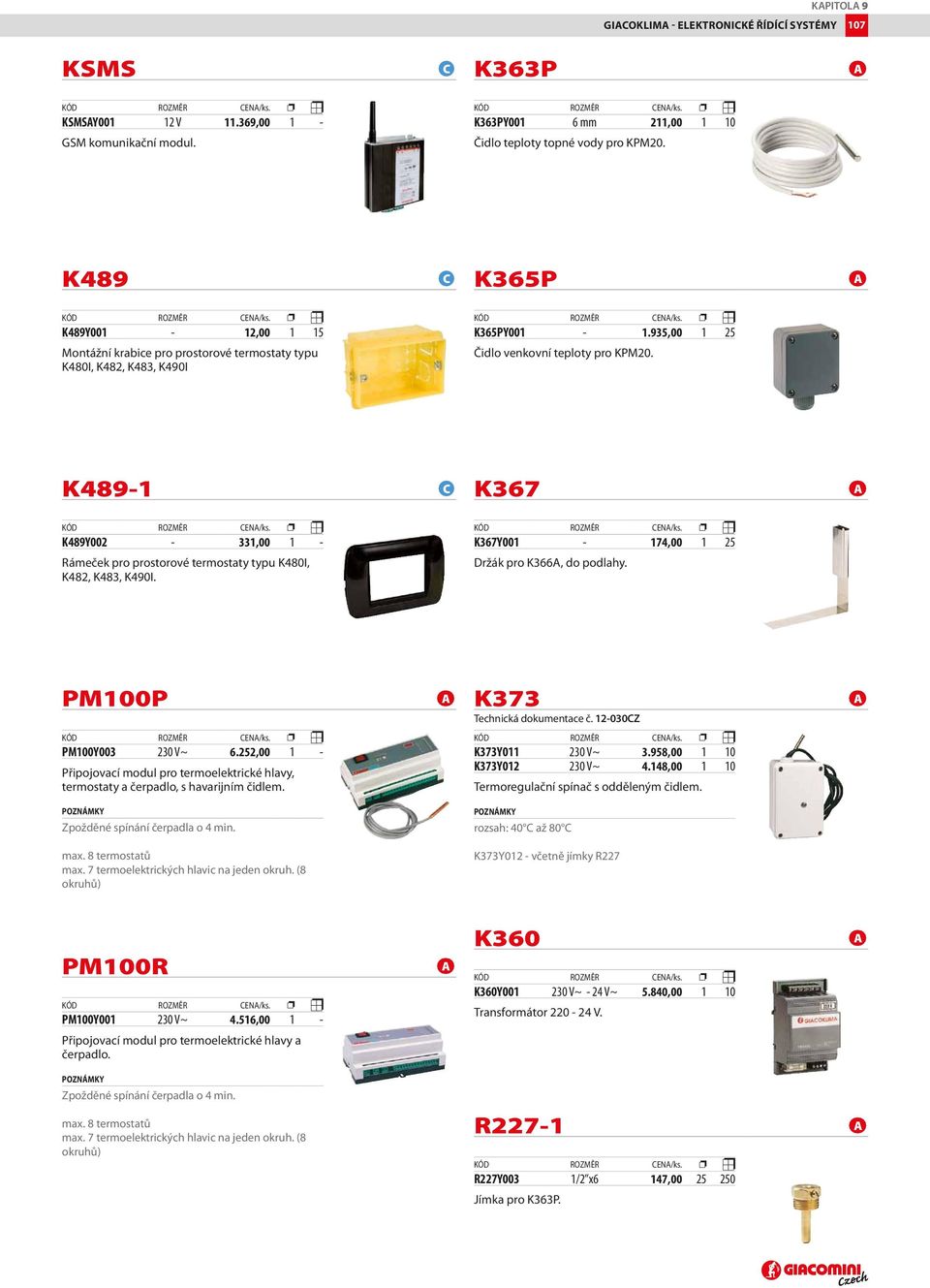 K489-1 C K489Y002-331,00 1 - Rámeček pro prostorové termostaty typu K480I, K482, K483, K490I. K367 A K367Y001-174,00 1 25 Držák pro K366A, do podlahy. PM100P A PM100Y003 230 V~ 6.