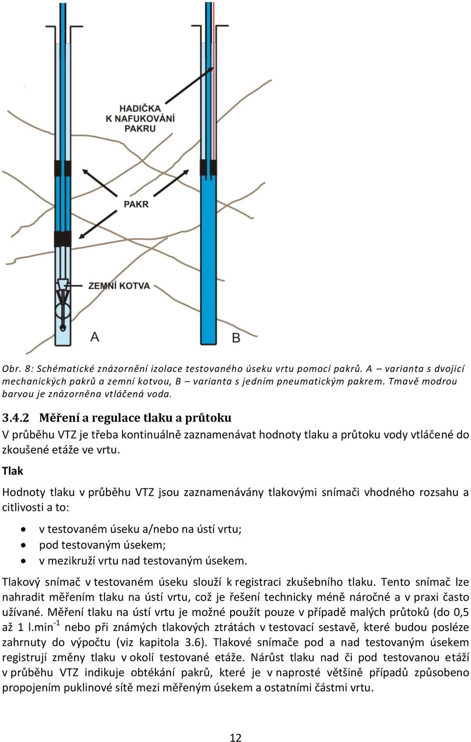 2 Měření a regulace tlaku a průtoku V průběhu VTZ je třeba kontinuálně zaznamenávat hodnoty tlaku a průtoku vody vtláčené do zkoušené etáže ve vrtu.
