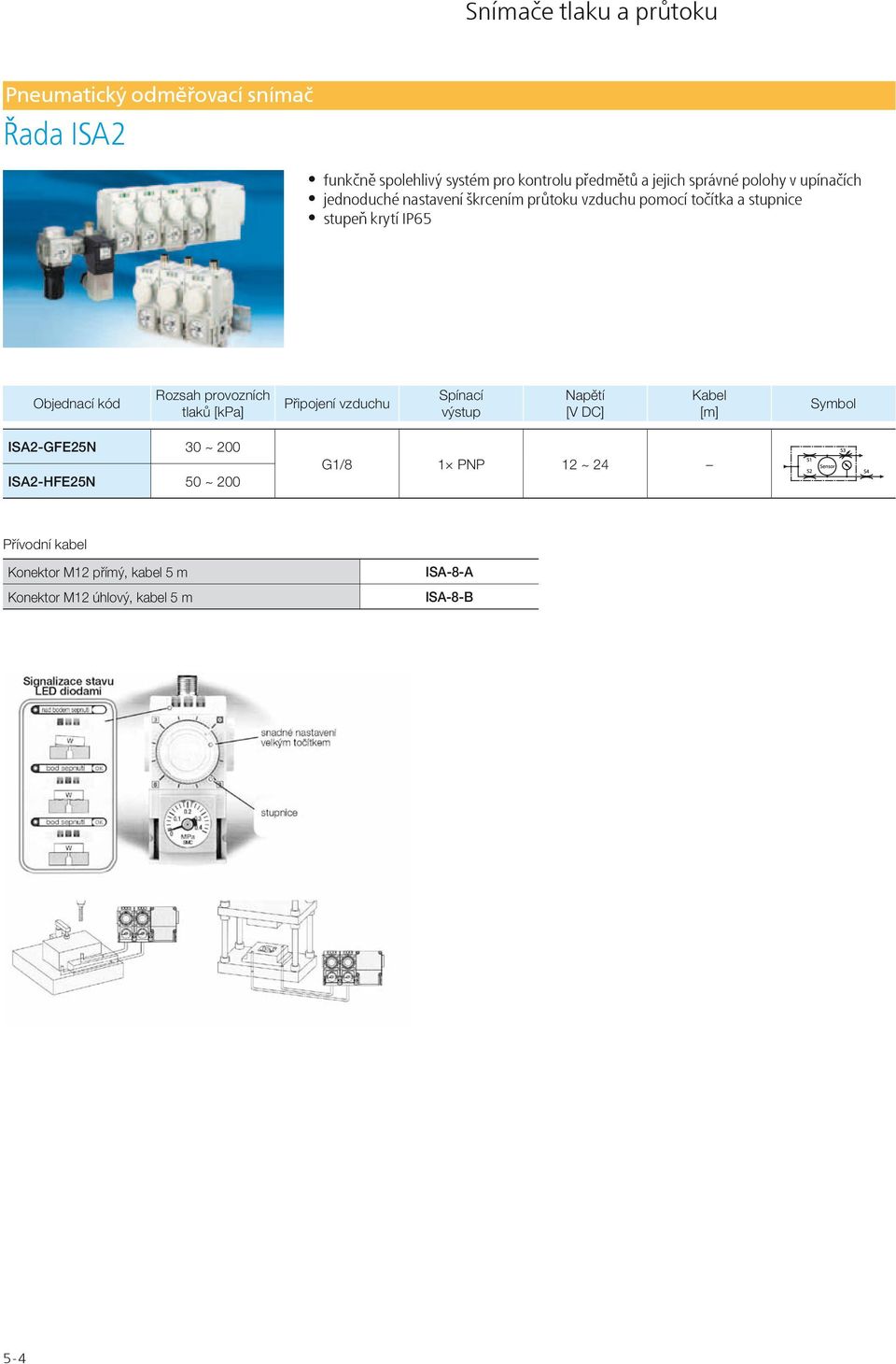 provozních tlaků [kpa] Připojení vzduchu Napětí [V DC] Kabel [m] Symbol ISA2-GFE25N 30 ~ 200 ISA2-HFE25N 50 ~