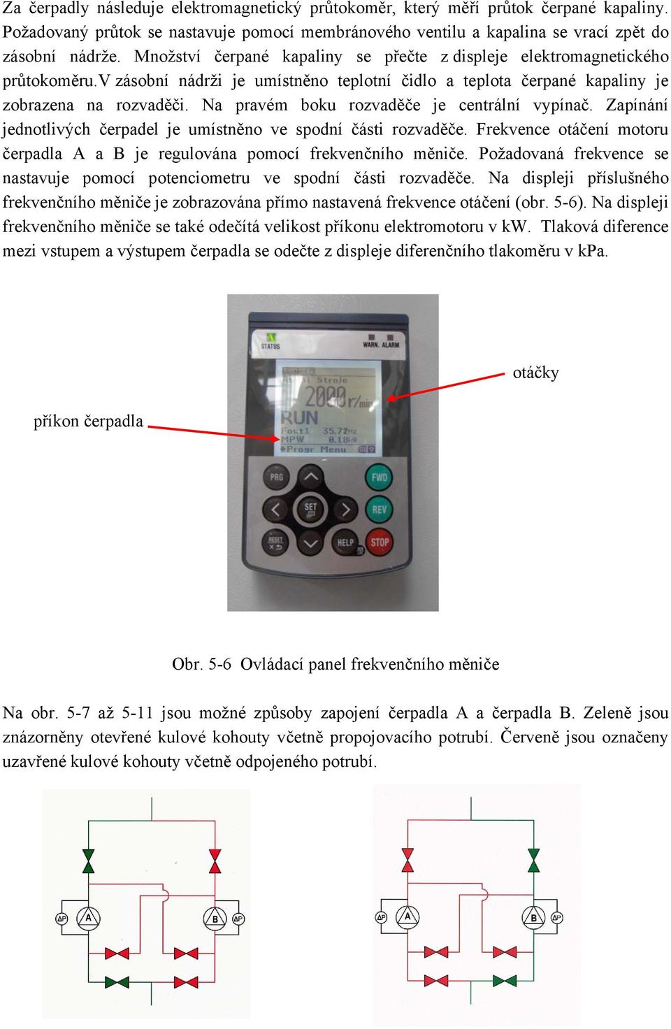 entrální vypínač Zapínání jednotlivýh čerpadel je umístněno ve spodní části rozvaděče Frekvene otáčení motoru čerpadla A a B je regulována pomoí frekvenčního měniče Požadovaná frekvene se nastavuje