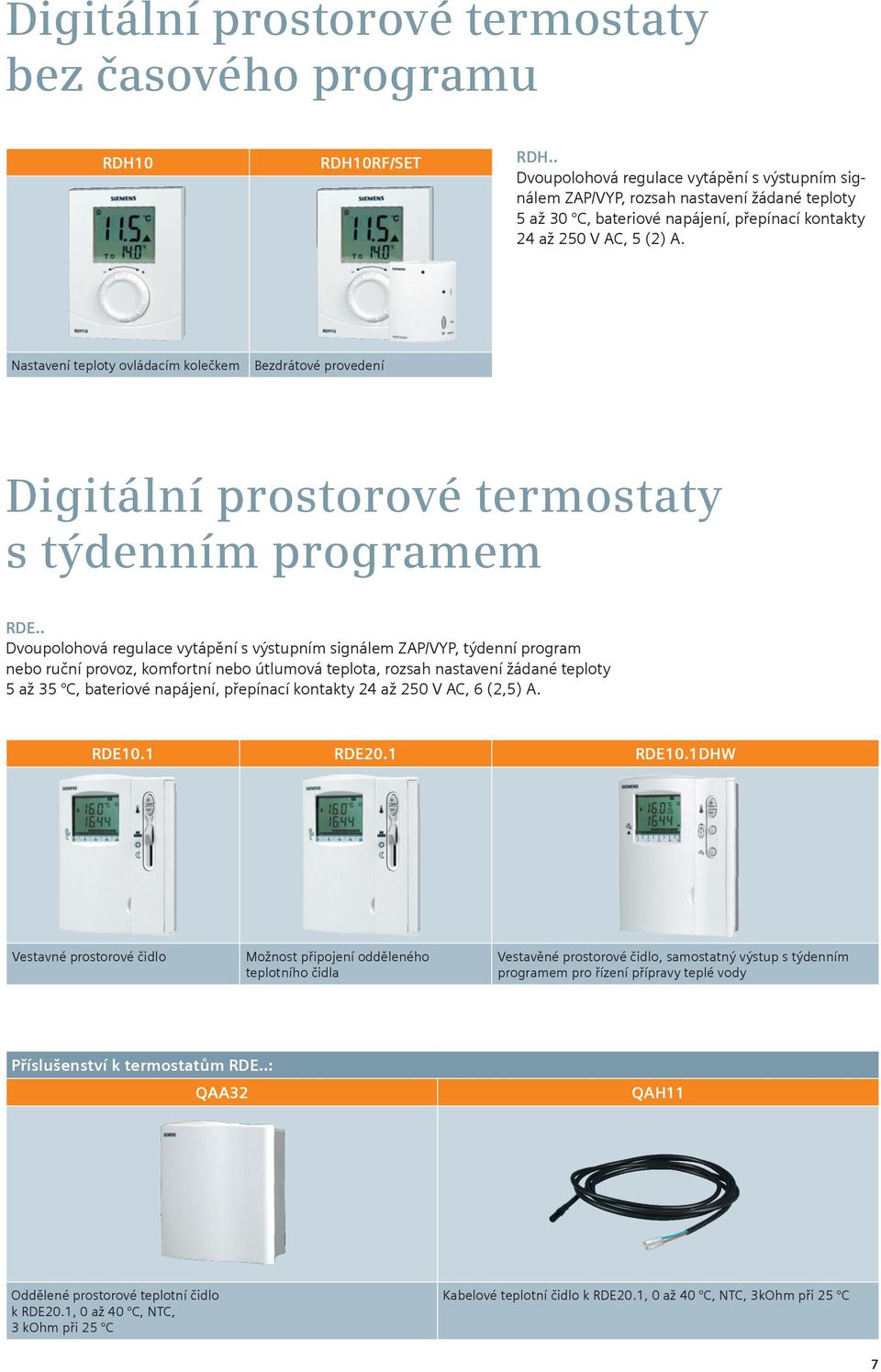 Nastavení teploty ovládacím kolečkem Bezdrátové provedení Digitální prostorové termostaty s týdenním programem RDE.