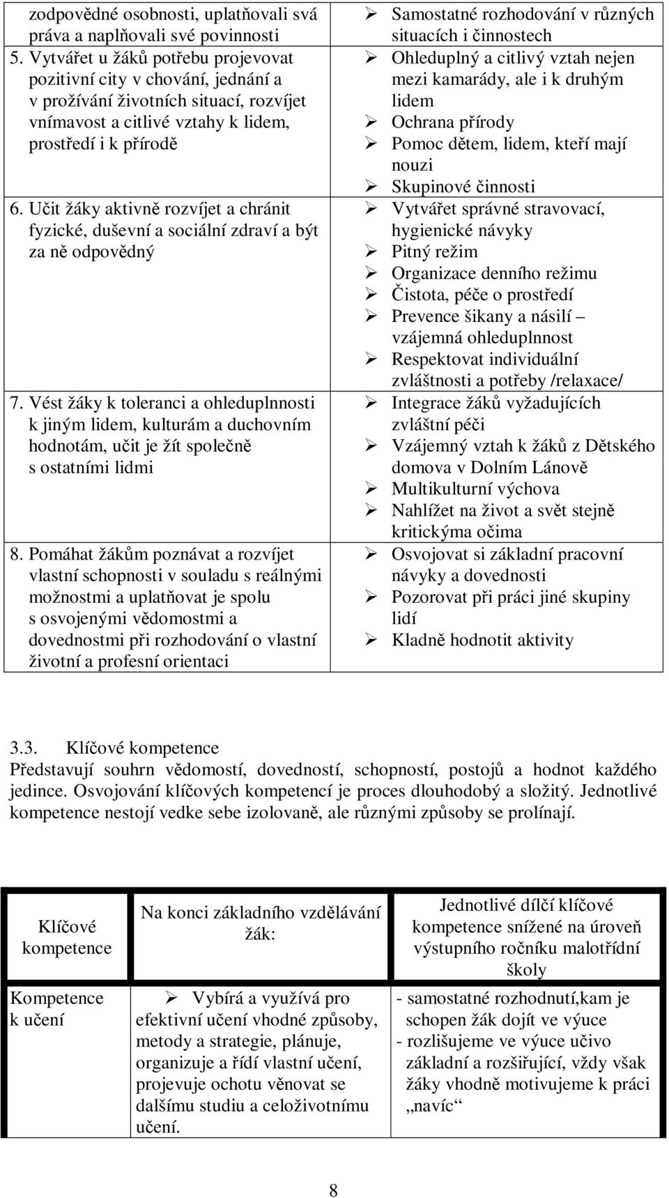 Učit žáky aktivně rozvíjet a chránit fyzické, duševní a sociální zdraví a být za ně odpovědný 7.