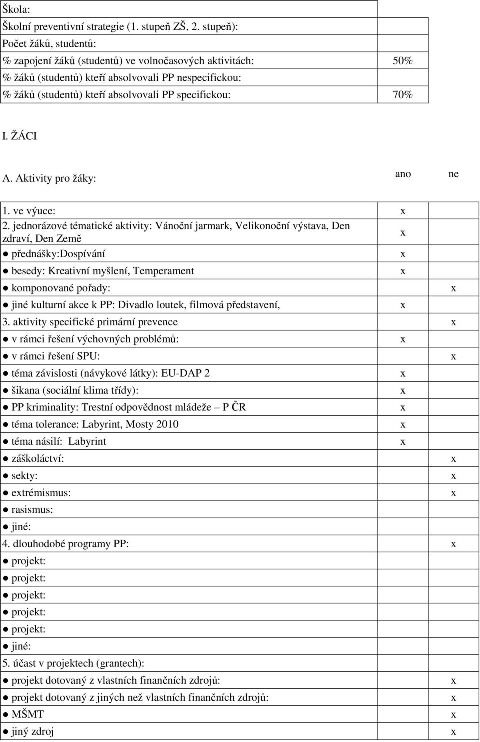 70% I. ŽÁCI A. Aktivity pro žáky: ano ne 1. ve výuce: 2.