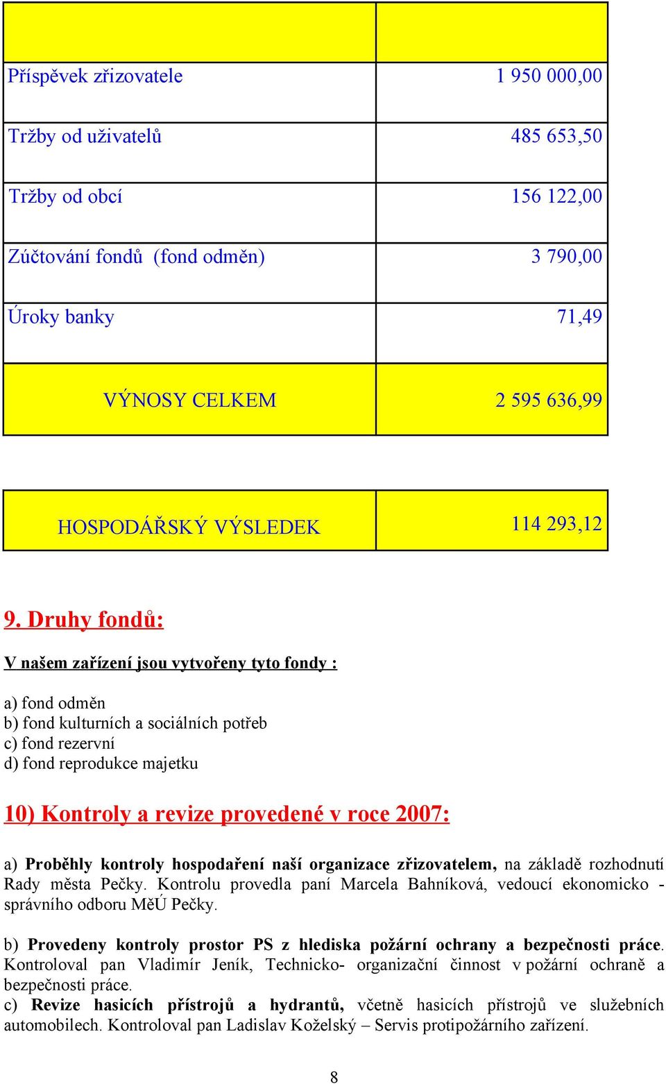 Druhy fondů: V našem zařízení jsou vytvořeny tyto fondy : a) fond odměn b) fond kulturních a sociálních potřeb c) fond rezervní d) fond reprodukce majetku 10) Kontroly a revize provedené v roce 2007: