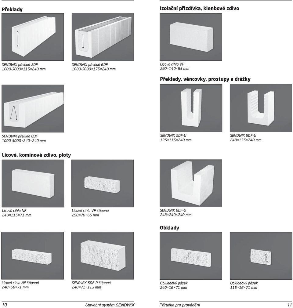 komínové zdivo, ploty Lícová cihla NF 240 115 71 mm Lícová cihla VF štípaná 290 70 65 mm SENDWIX 8DF-U 248 240 240 mm Obklady Lícová cihla NF štípaná