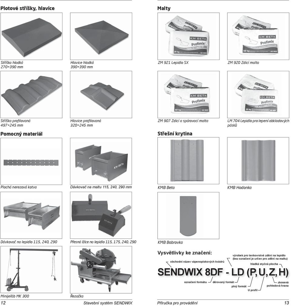 240, 290 Přesná lžíce na lepidlo 115, 175, 240, 290 KMB Bobrovka Minijeřáb MK 300 Řezačka Vysvětlivky ke značení: obchodní název vápenopískových kvádrů SENDWIX 8DF - LD (P, U, Z, H) označení formátu