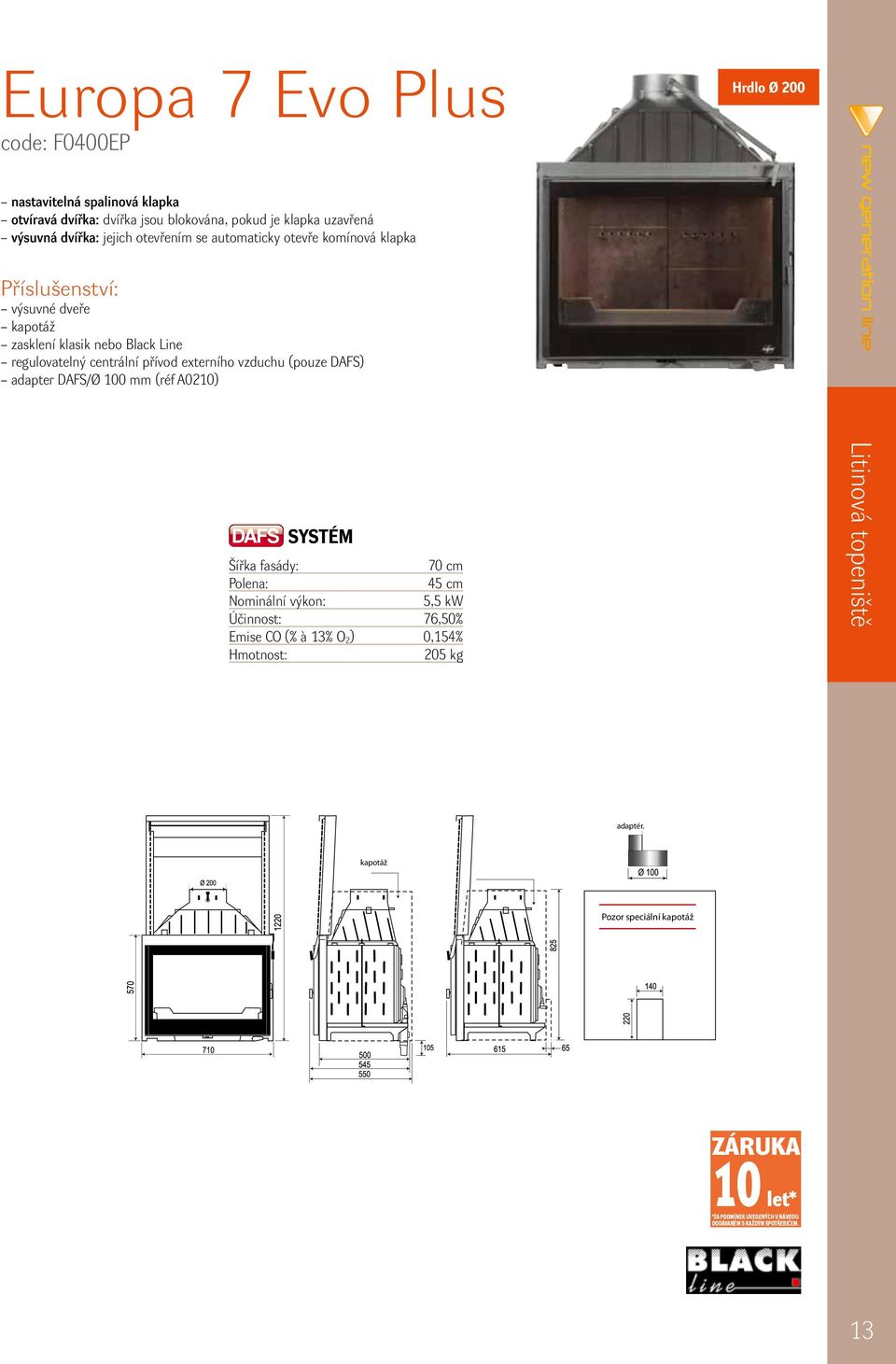 externího vzduchu (pouze DAFS) adapter DAFS/Ø 100 mm (réf A0210) DAFS SYSTÉM Šířka fasády: 70 cm 45 cm 5,5 kw Účinnost: 76,50% Emise CO (% à 13% O 2)