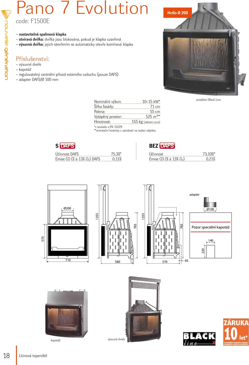 (základní verze) *v souladu s EN 13229 **orientační hodnoty v závislosti na izolaci objektu prosklení Black Line S DAFS Účinnost DAFS 75,3%* Emise CO (% à 13% O 2) DAFS 0,11% BEZ DAFS Účinnost