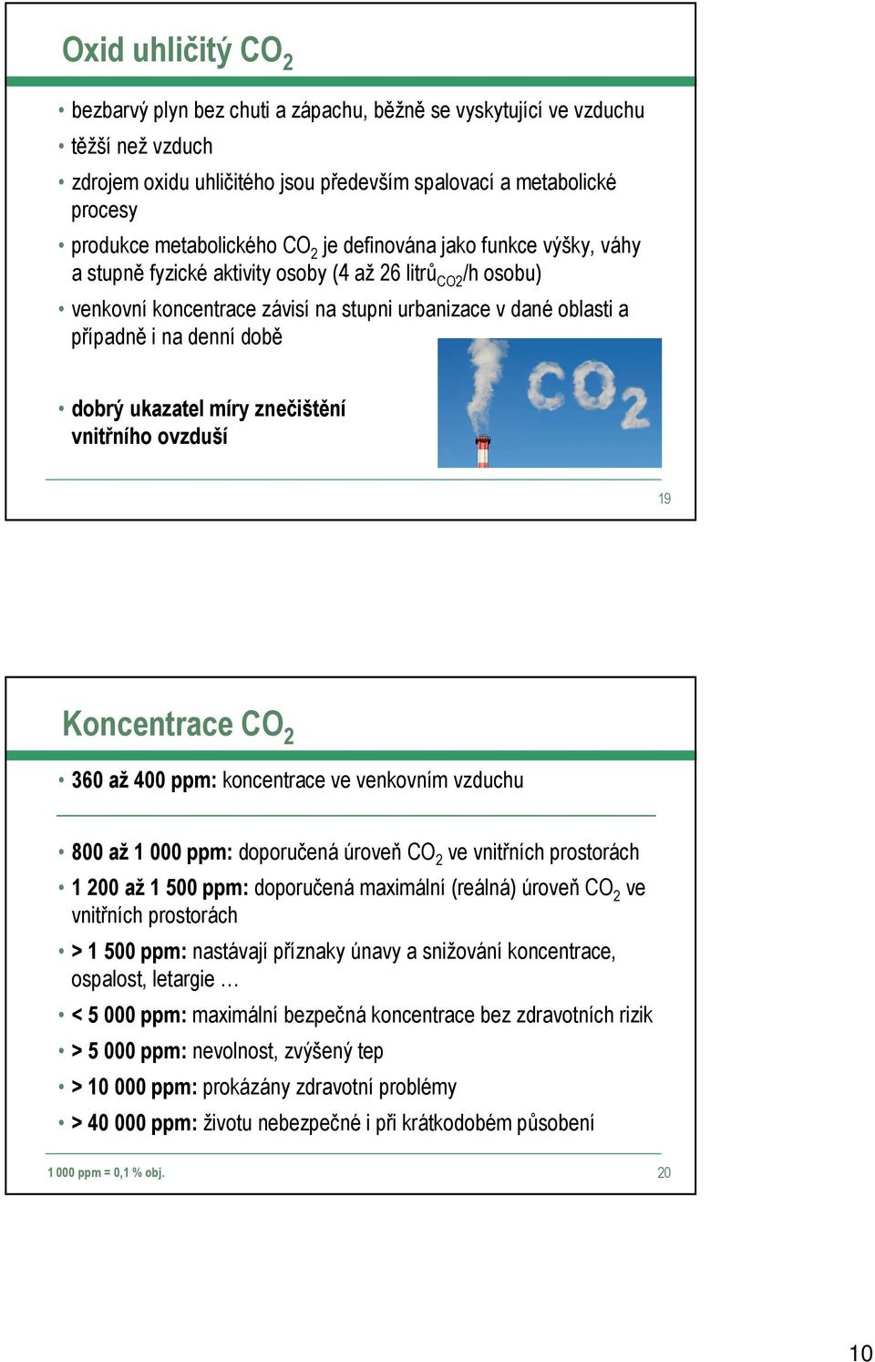 dobrý ukazatel míry znečištění vnitřního ovzduší 19 Koncentrace CO 2 360 až 400 ppm: koncentrace ve venkovním vzduchu 800 až 1 000 ppm: doporučená úroveň CO 2 ve vnitřních prostorách 1 200 až 1 500