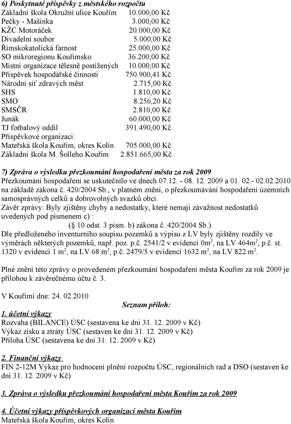 900,41 Kč Národní síť zdravých měst 2.715,00 Kč SHS 1.810,00 Kč SMO 8.256,20 Kč SMSČR 2.810,00 Kč Junák 60.000,00 Kč TJ fotbalový oddíl 391.