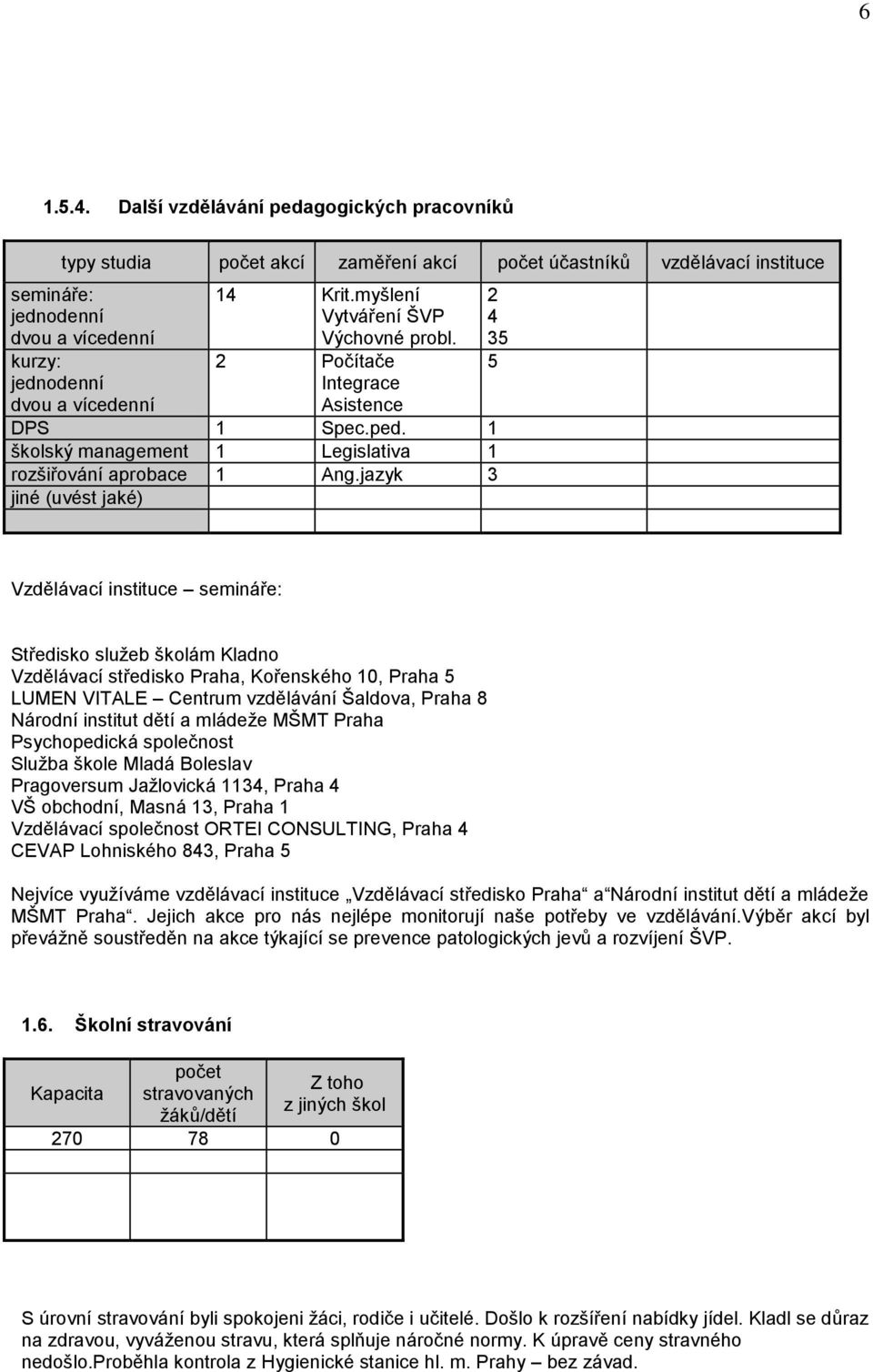 jazyk 3 jiné (uvést jaké) Vzdělávací instituce semináře: Středisko služeb školám Kladno Vzdělávací středisko Praha, Kořenského 10, Praha 5 LUMEN VITALE Centrum vzdělávání Šaldova, Praha 8 Národní