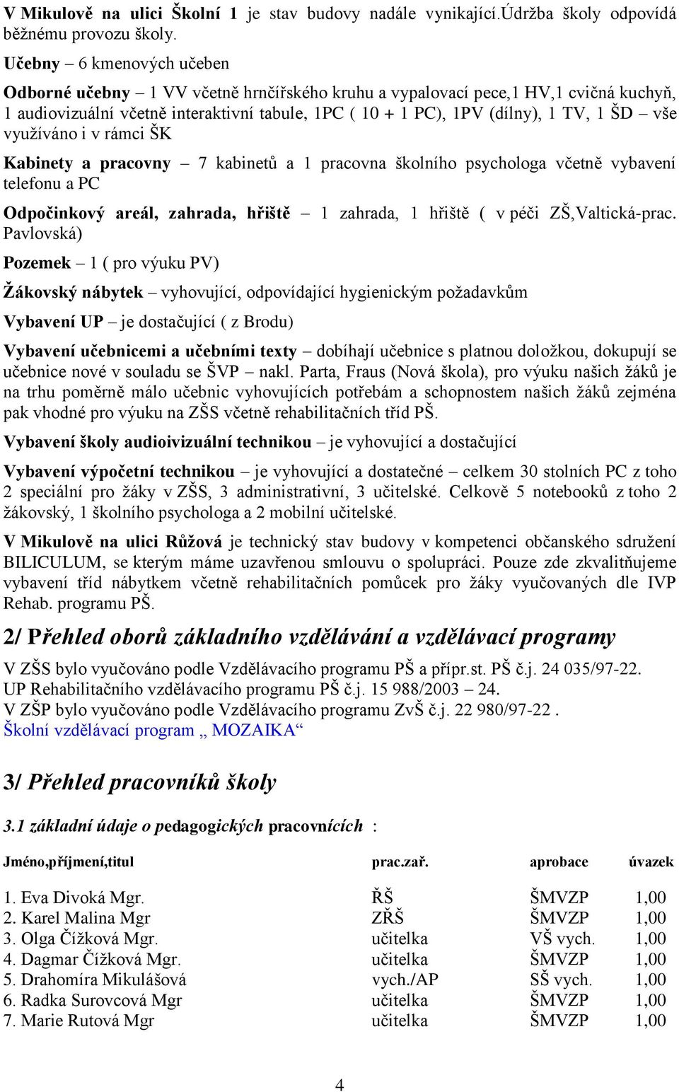 vše vyuţíváno i v rámci ŠK Kabinety a pracovny 7 kabinetů a 1 pracovna školního psychologa včetně vybavení telefonu a PC Odpočinkový areál, zahrada, hřiště 1 zahrada, 1 hřiště ( v péči