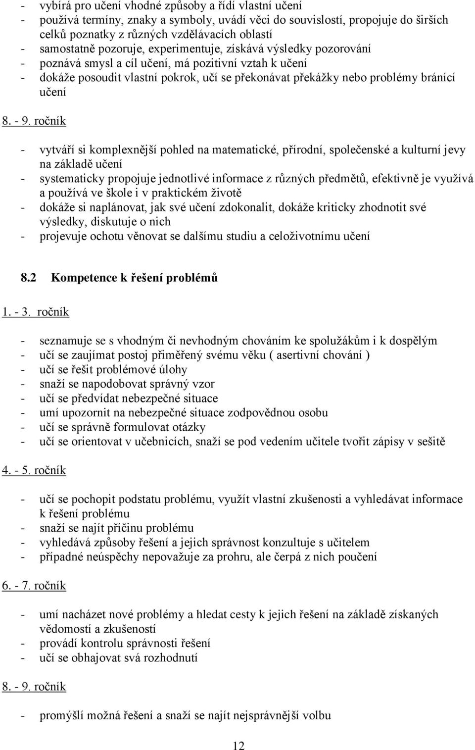 - 9. ročník - vytváří si komplexnější pohled na matematické, přírodní, společenské a kulturní jevy na základě učení - systematicky propojuje jednotlivé informace z různých předmětů, efektivně je