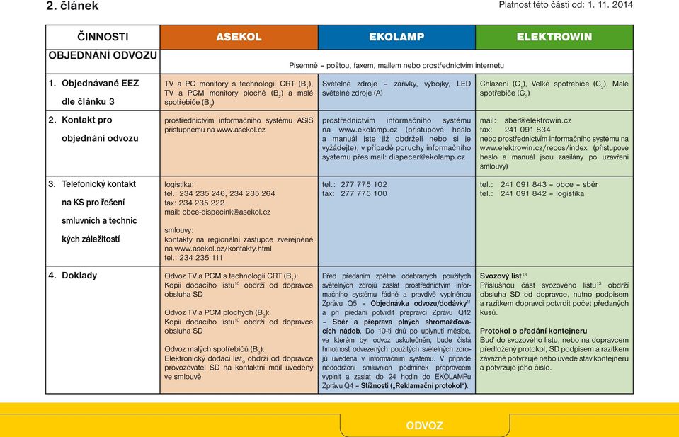 Velké spotřebiče (C 2 ), Malé spotřebiče (C 3 ) 2. Kontakt pro objednání odvozu prostřednictvím infmačního systému ASIS přístupnému na www.asekol.cz prostřednictvím infmačního systému na www.ekolamp.