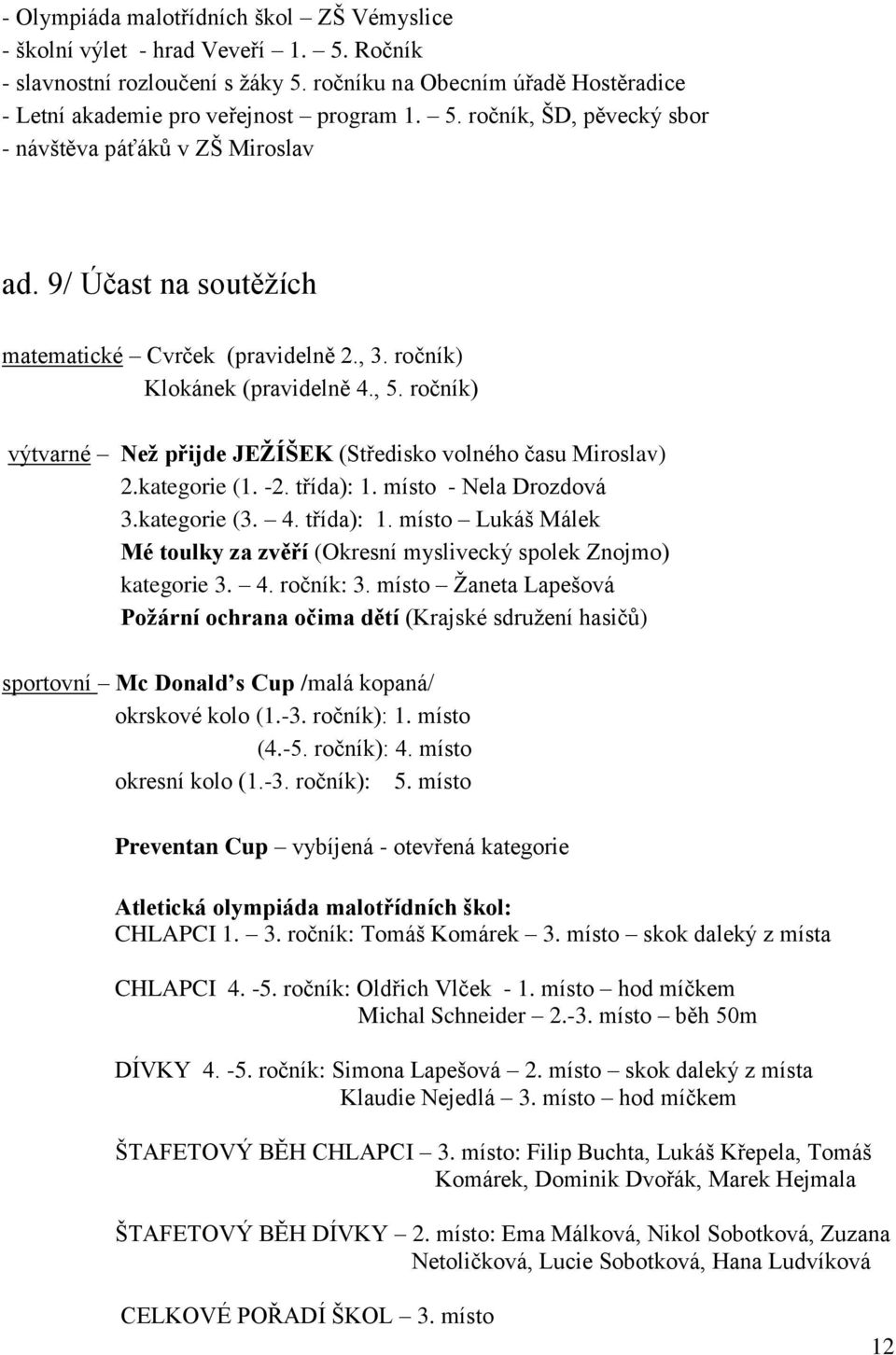 místo - Nela Drozdová 3.kategorie (3. 4. třída): 1. místo Lukáš Málek Mé toulky za zvěří (Okresní myslivecký spolek Znojmo) kategorie 3. 4. ročník: 3.