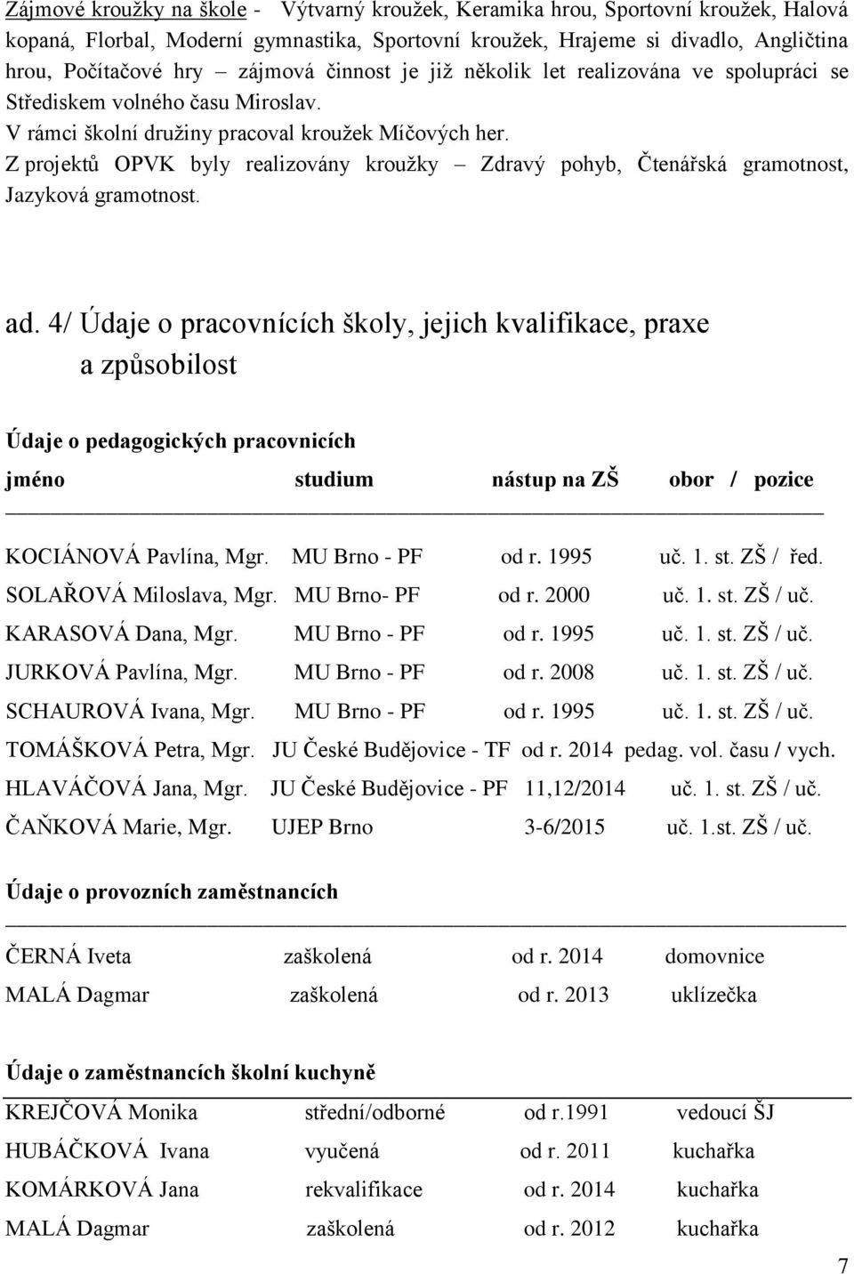 Z projektů OPVK byly realizovány kroužky Zdravý pohyb, Čtenářská gramotnost, Jazyková gramotnost. ad.