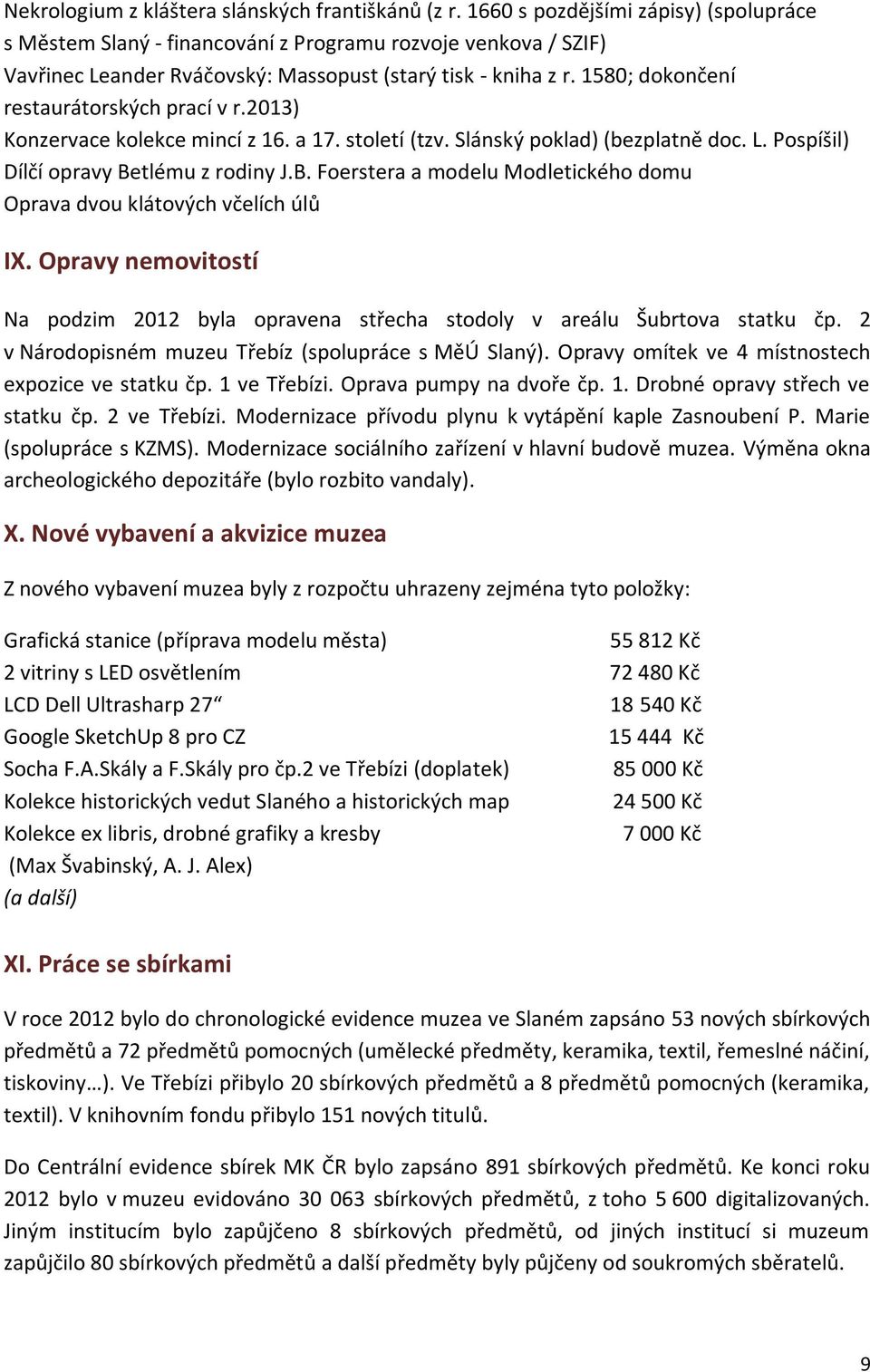 1580; dokončení restaurátorských prací v r.2013) Konzervace kolekce mincí z 16. a 17. století (tzv. Slánský poklad) (bezplatně doc. L. Pospíšil) Dílčí opravy Be