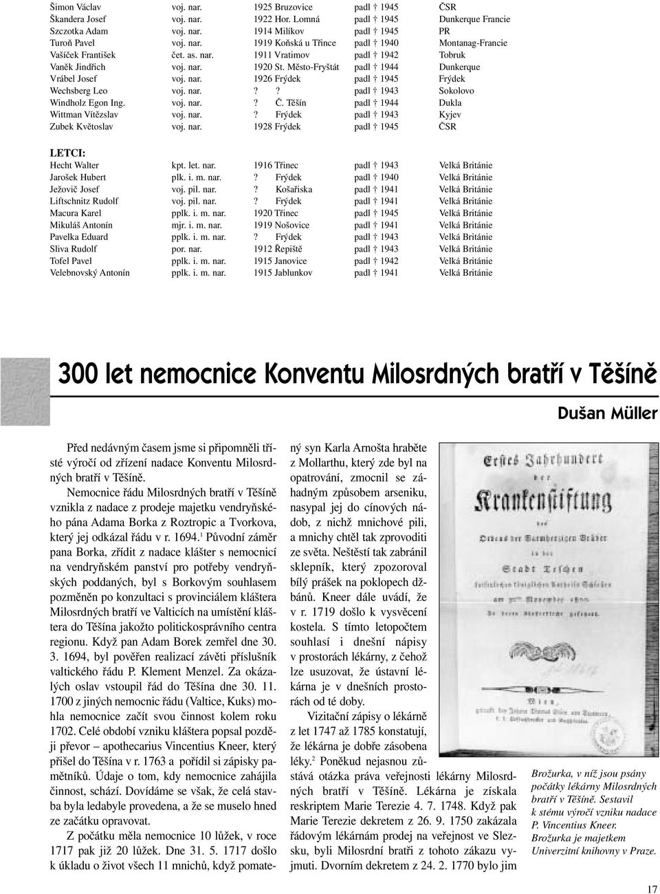 voj. nar.? Č. Těšín padl 1944 Dukla Wittman Vítězslav voj. nar.? Frýdek padl 1943 Kyjev Zubek Květoslav voj. nar. 1928 Frýdek padl 1945 ČSR LETCI: Hecht Walter kpt. let. nar. 1916 Třinec padl 1943 Velká Británie Jarošek Hubert plk.