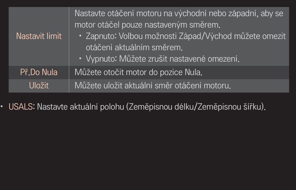 nastaveným směrem. Zapnuto: Volbou možnosti Západ/Východ můžete omezit otáčení aktuálním směrem.