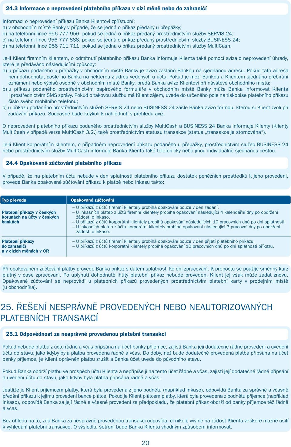 prostřednictvím služby BUSINESS 24; d) na telefonní lince 956 711 711, pokud se jedná o příkaz předaný prostřednictvím služby MultiCash.