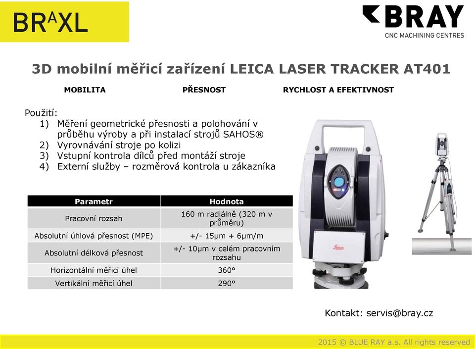 Externí služby rozměrová kontrola u zákazníka Parametr Pracovní rozsah Absolutní úhlová přesnost (MPE) Absolutní délková přesnost Hodnota 160 m