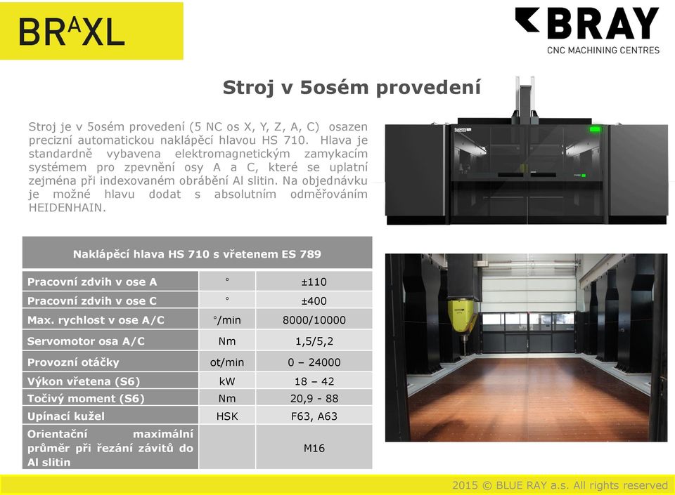 Na objednávku je možné hlavu dodat s absolutním odměřováním HEIDENHAIN. Naklápěcí hlava HS 710 s vřetenem ES 789 Pracovní zdvih v ose A ±110 Pracovní zdvih v ose C ±400 Max.