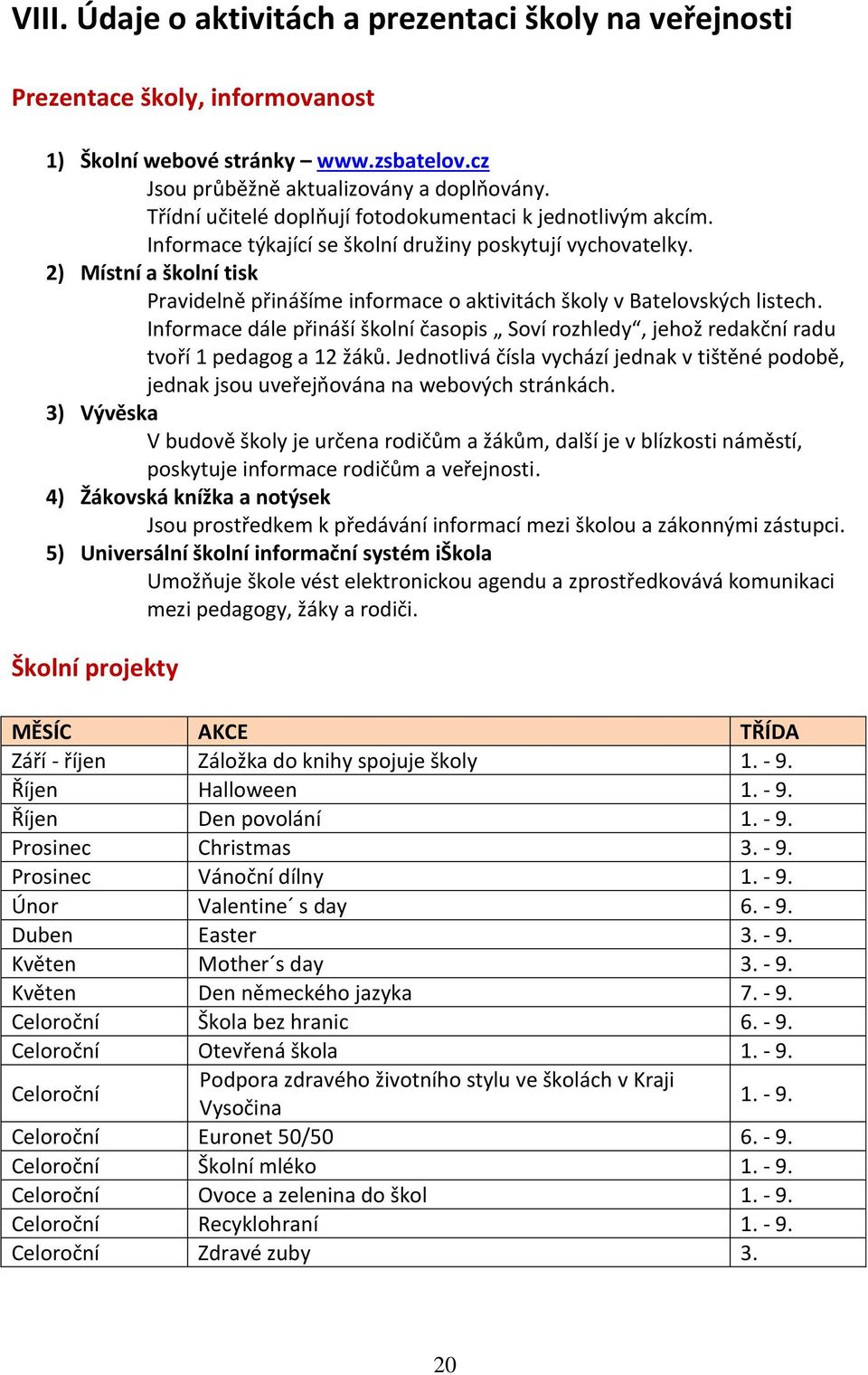 2) Místní a školní tisk Pravidelně přinášíme informace o aktivitách školy v Batelovských listech. Informace dále přináší školní časopis Soví rozhledy, jehož redakční radu tvoří 1 pedagog a 12 žáků.