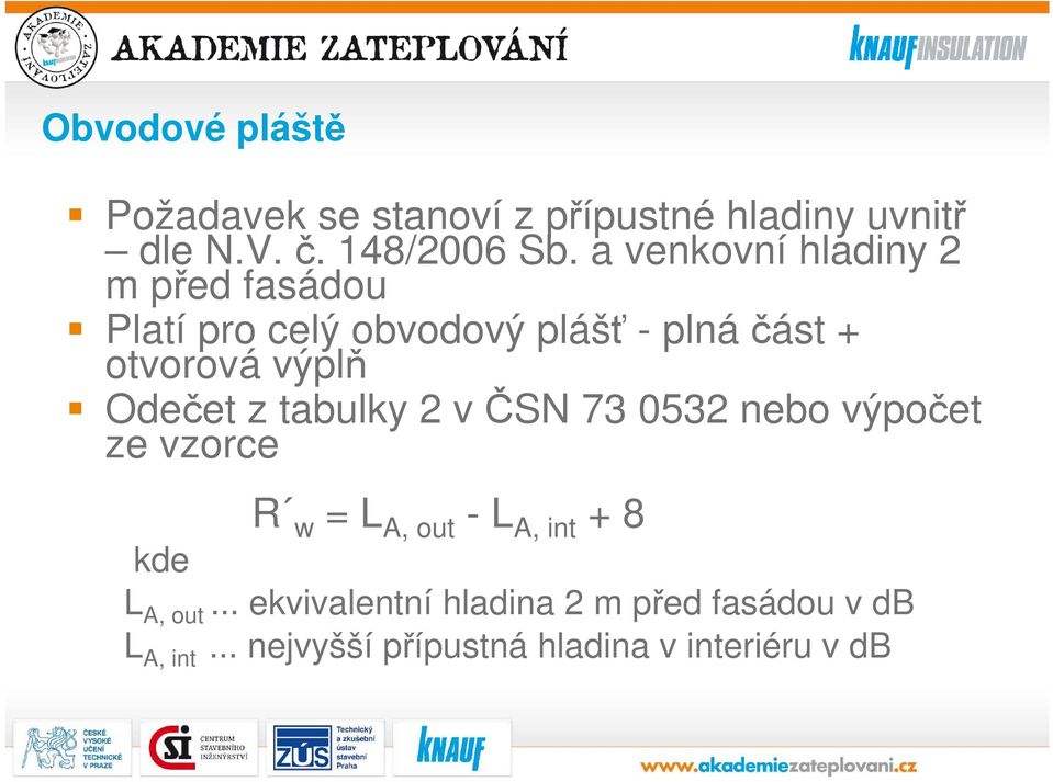 Odečet z tabulky 2 v ČSN 73 0532 nebo výpočet ze vzorce R w = L A, out - L A, int + 8 kde L A,