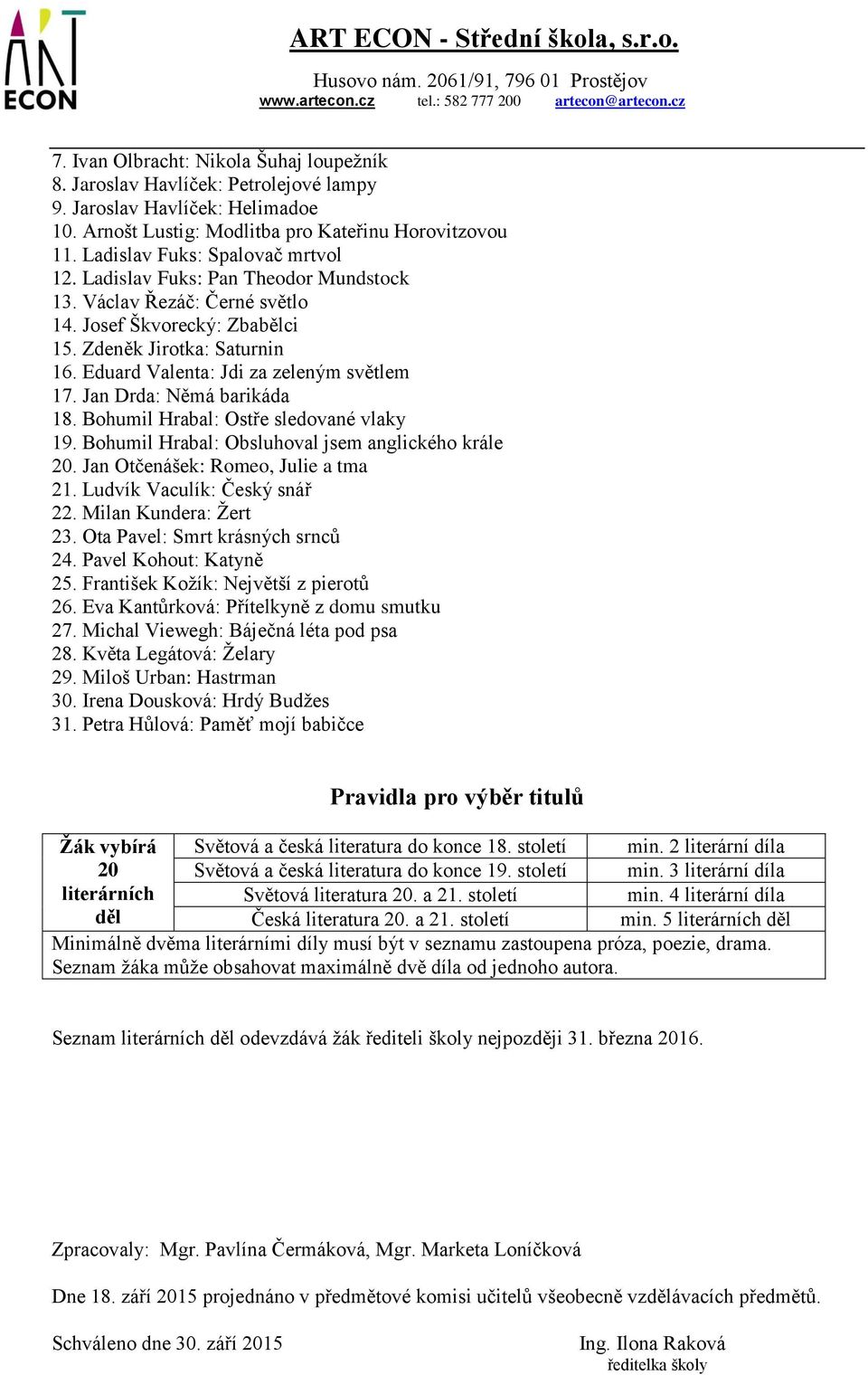 Eduard Valenta: Jdi za zeleným světlem 17. Jan Drda: Němá barikáda 18. Bohumil Hrabal: Ostře sledované vlaky 19. Bohumil Hrabal: Obsluhoval jsem anglického krále 20.