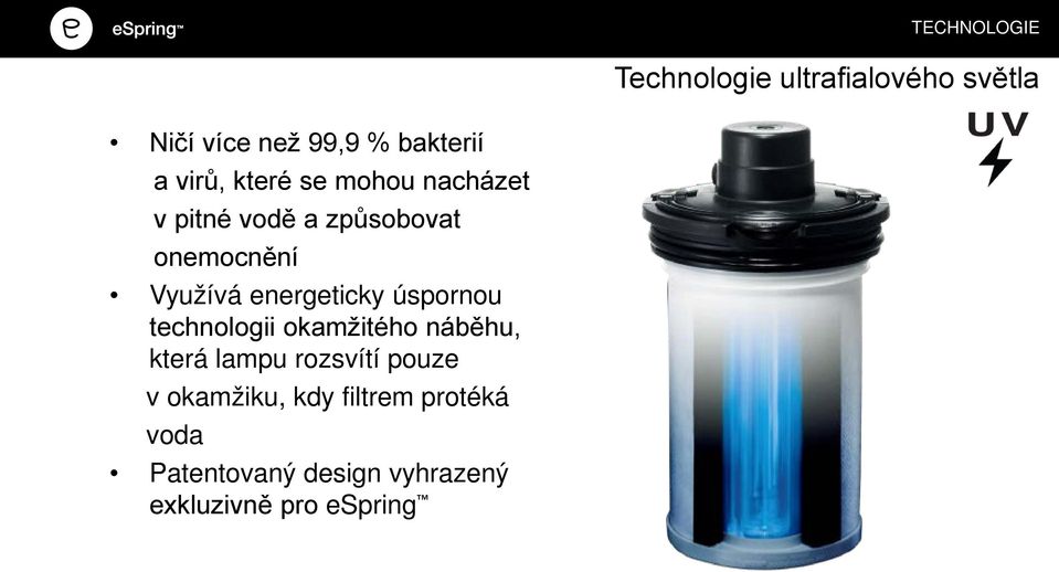 okamžitého náběhu, která lampu rozsvítí pouze v okamžiku, kdy filtrem protéká voda