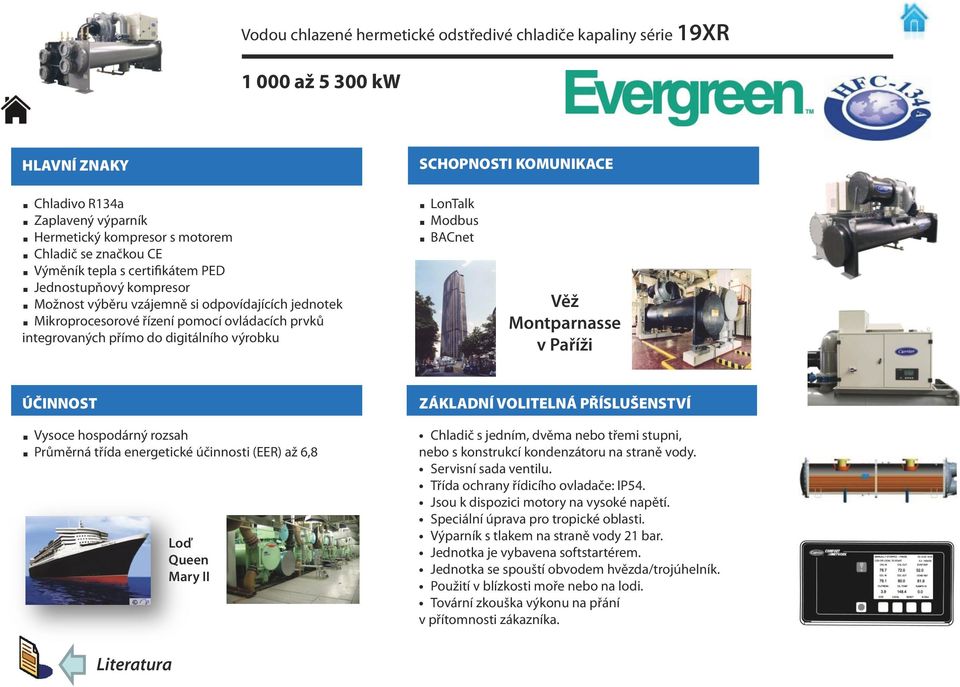 Paříži Vysoce hospodárný rozsah Průměrná třída energetické účinnosti (EER) až 6,8 Loď Queen Mary II Chladič s jedním, dvěma nebo třemi stupni, nebo s konstrukcí kondenzátoru na straně vody Servisní