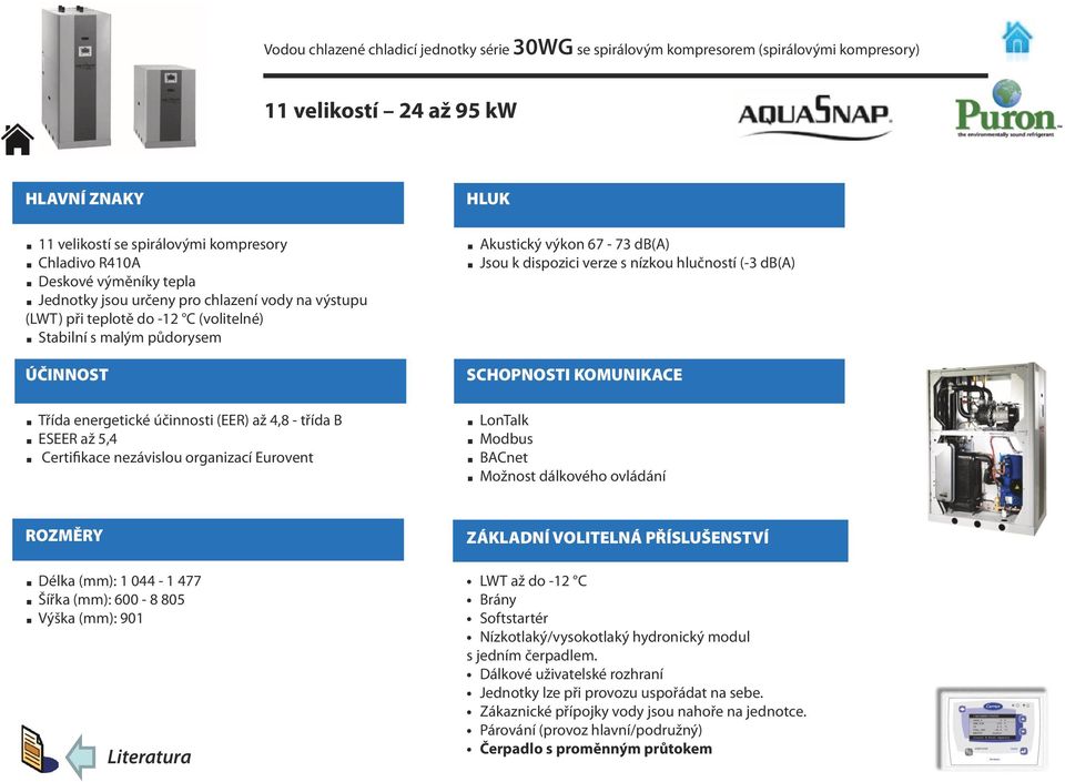 nezávislou organizací Eurovent Akustický výkon 67-73 db(a) Jsou k dispozici verze s nízkou hlučností (-3 db(a) Modbus Možnost dálkového ovládání Délka (mm): 1 044-1 477 Šířka (mm): 600-8 805 Výška