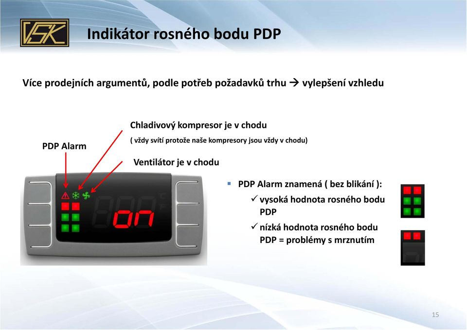 kompresory jsou vždy v chodu) Ventilátor je v chodu PDP Alarm znamená ( bez blikání