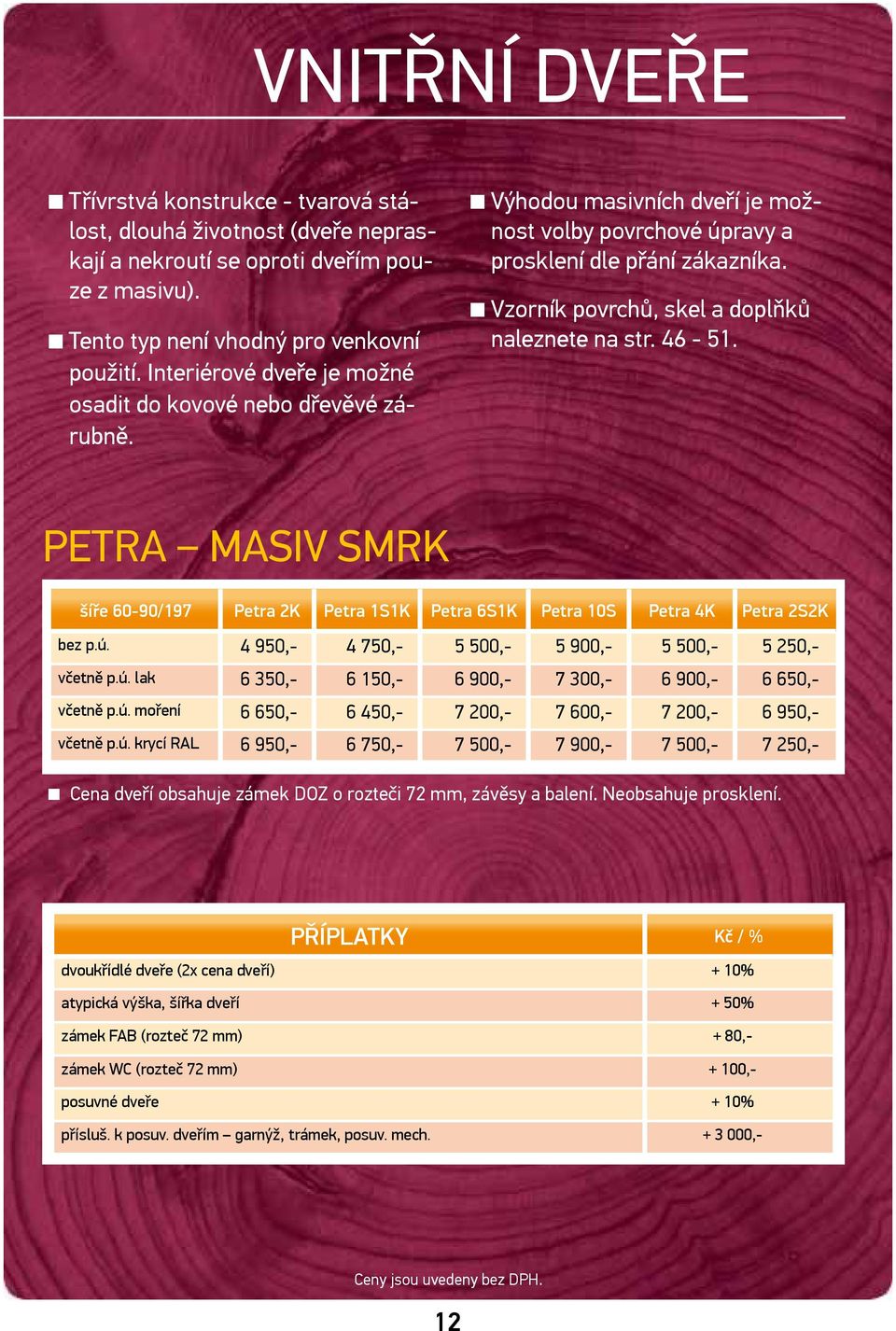 Vzorník povrchů, skel a doplňků naleznete na str. 46-51. Petra masiv smrk šíře 60-90/197 Petra 2K Petra 1S1K Petra 6S1K Petra 10S Petra 4K Petra 2S2K bez p.ú.