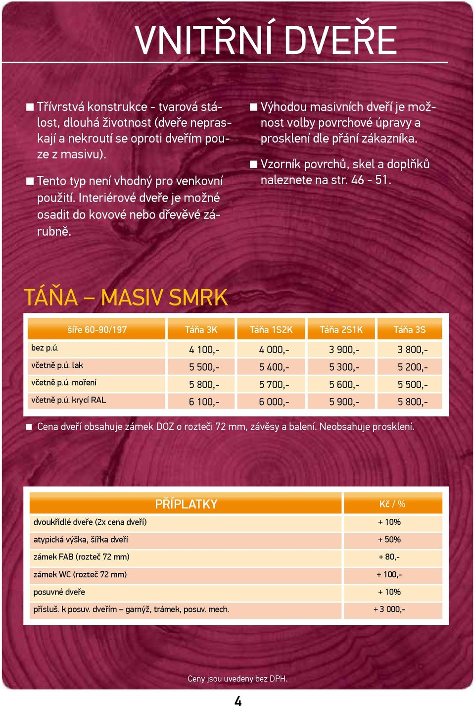 Vzorník povrchů, skel a doplňků naleznete na str. 46-51. Táňa masiv smrk šíře 60-90/197 Táňa 3K Táňa 1S2K Táňa 2S1K Táňa 3S bez p.ú. 4 100,- 4 000,- 3 900,- 3 800,- včetně p.ú. lak 5 500,- 5 400,- 5 300,- 5 200,- včetně p.