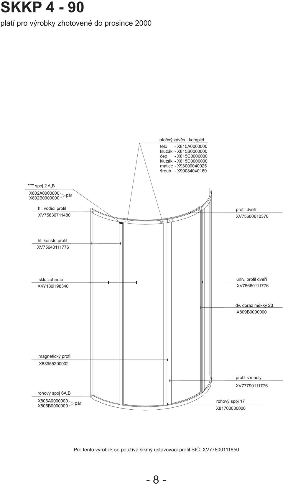 vodící profil XV75636711480 profil dveøí XV75660610370 hl. konstr. profil XV75640111776 sklo zahnuté X4Y130H98340 XV75660111776 dv.