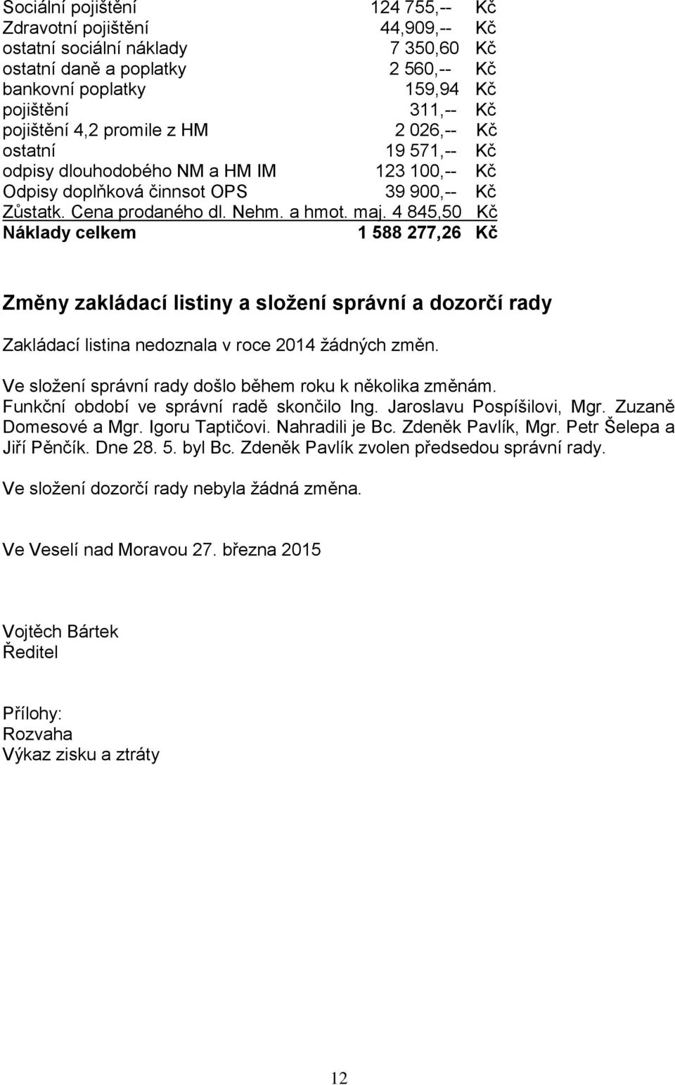 4 845,50 Kč Náklady celkem 1 588 277,26 Kč Změny zakládací listiny a složení správní a dozorčí rady Zakládací listina nedoznala v roce 2014 žádných změn.