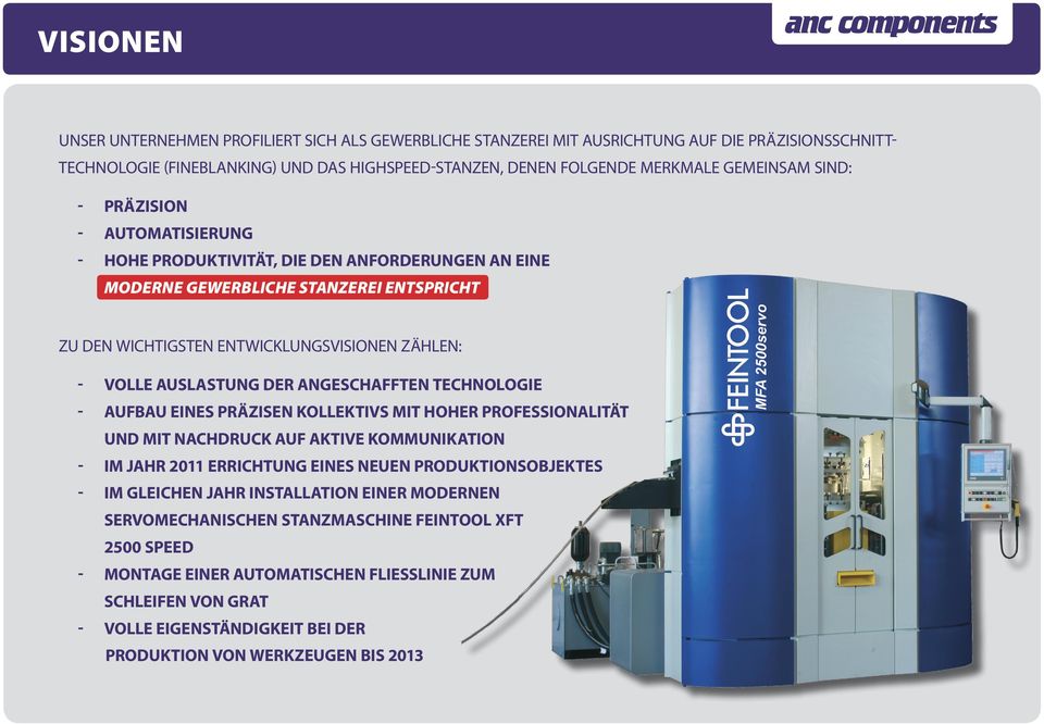 angeschafften Technologie - aufbau eines präzisen Kollektivs mit hoher Professionalität und mit Nachdruck auf aktive Kommunikation - im Jahr 2011 Errichtung eines neuen Produktionsobjektes - im