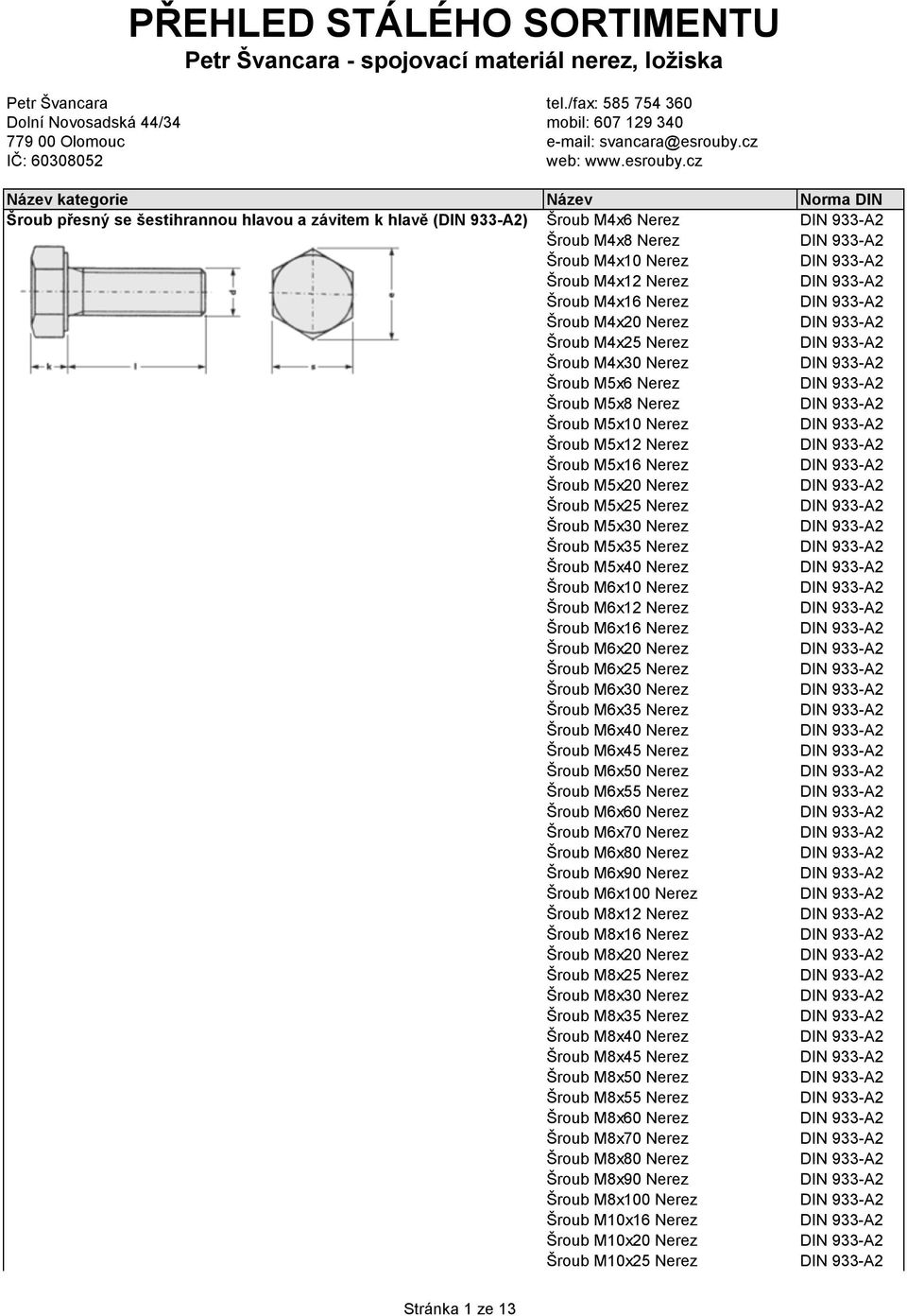cz Název kategorie Název Norma DIN Šroub přesný se šestihrannou hlavou a závitem k hlavě (DIN 933-A2) Šroub M4x6 Nerez DIN 933-A2 Šroub M4x8 Nerez DIN 933-A2 Šroub M4x10 Nerez DIN 933-A2 Šroub M4x12