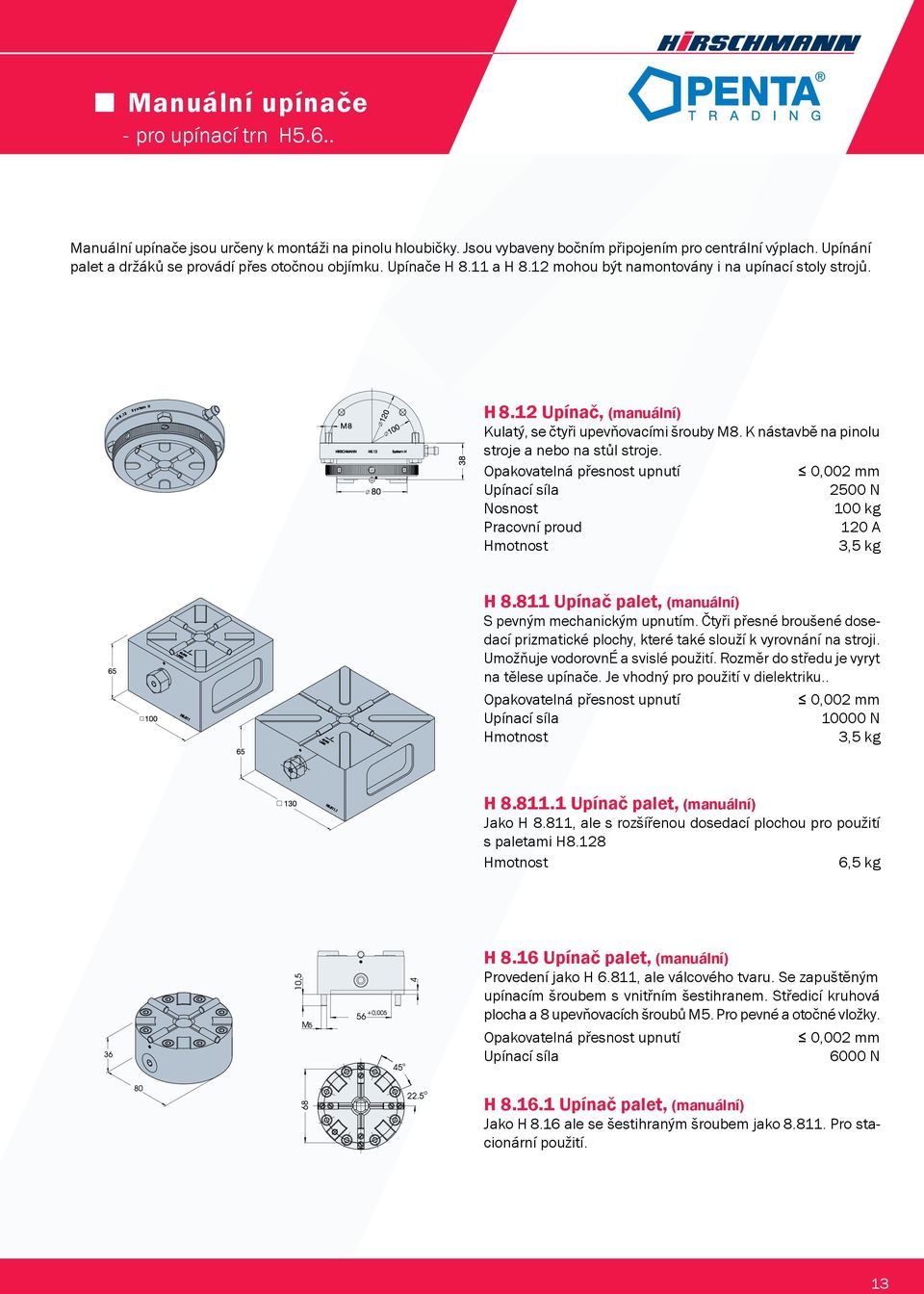 K nástavbě na pinolu stroje a nebo na stůl stroje. Upínací síla 2500 N Nosnost 100 kg Pracovní proud 120 A 3,5 kg H 8.811 Upínač palet, (manuální) S pevným mechanickým upnutím.