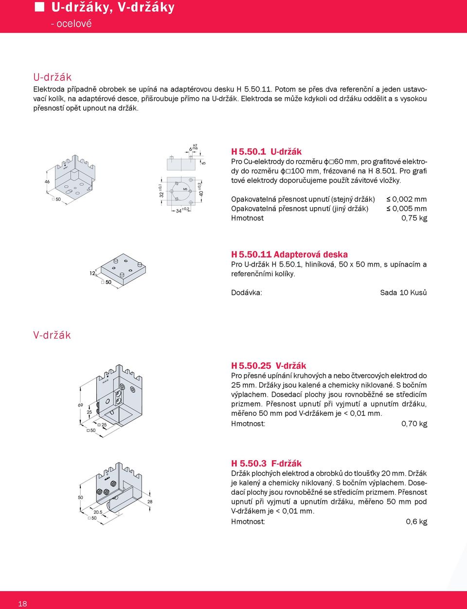 50.1 U-držák Pro Cu-elektrody do rozměru фk60 mm, pro grafitové elektrody do rozměru фk100 mm, frézované na H 8.501. Pro grafi tové elektrody doporučujeme použít závitové vložky.