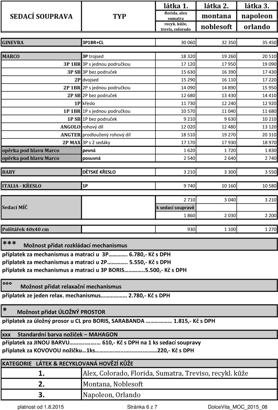 2P dvojsed 15290 16110 17220 2P 1BR 2P s jednou područkou 14090 14890 15950 2P SB 2P bez područek 12680 13430 14410 1P křeslo 11730 12240 12920 1P 1BR 1P s jednou područkou 10570 11040 11680 1P SB 1P